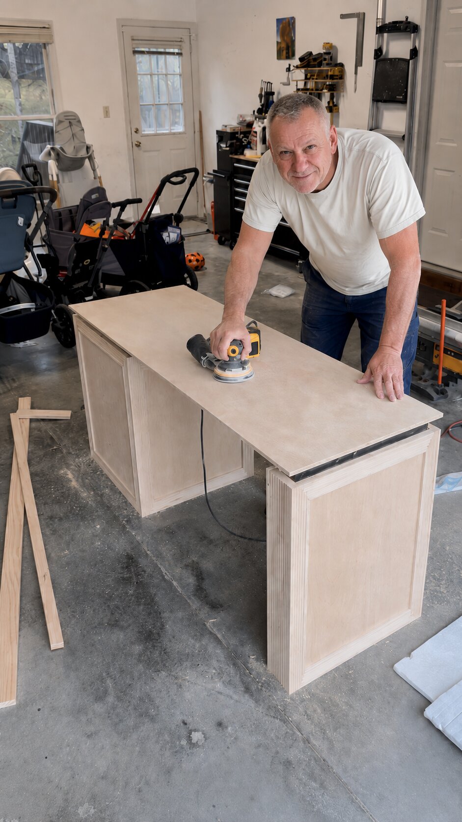 Merwyn sanding a custom desk build for a Cape Town office